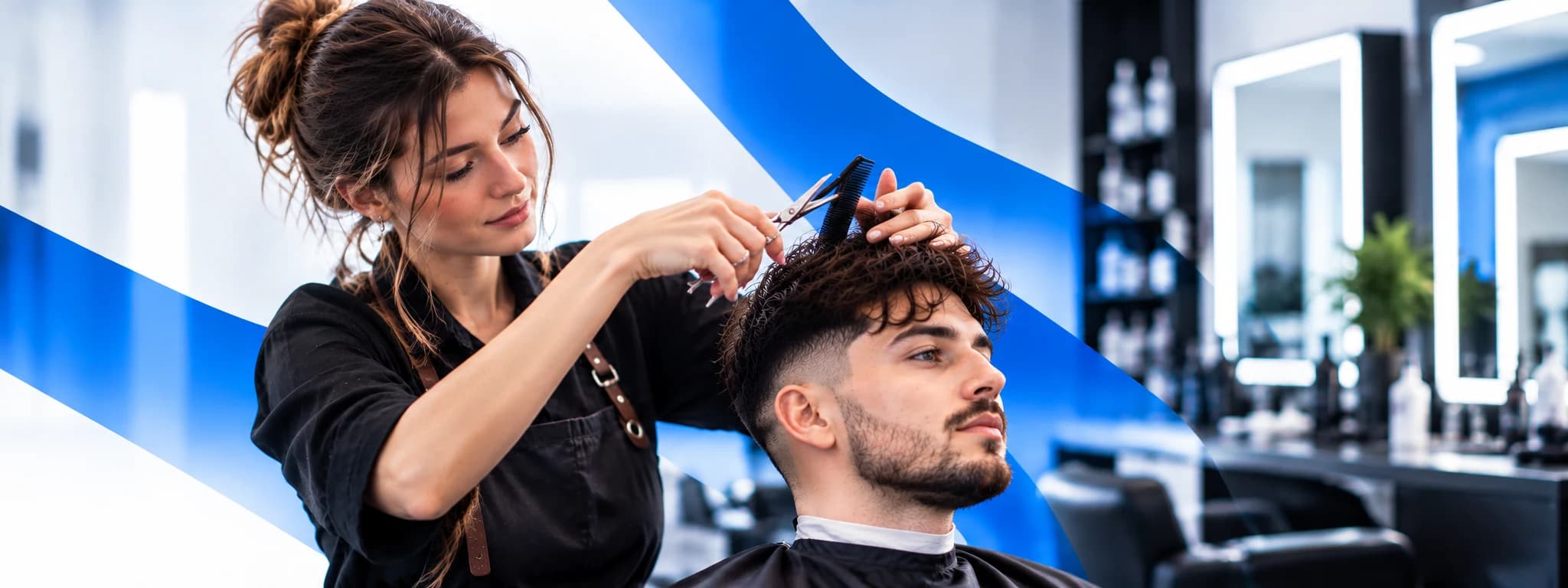 Hairdresser cutting a client’s hair in a modern salon with blue accents